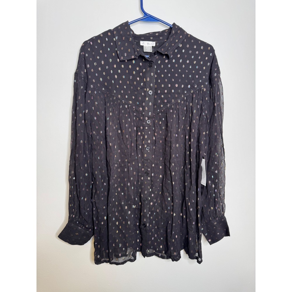 Venus Button Down Shirt Womens 8 Black NWT Metallic Rainbow Foil Polka Dot Top